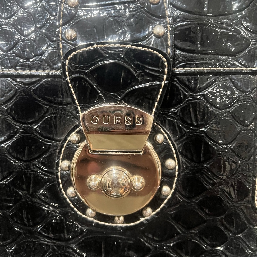 Guess Black Patent Croc-Embossed Satchel with Studded Hardware Y2K Beauty EUC - Picture 2 of 7